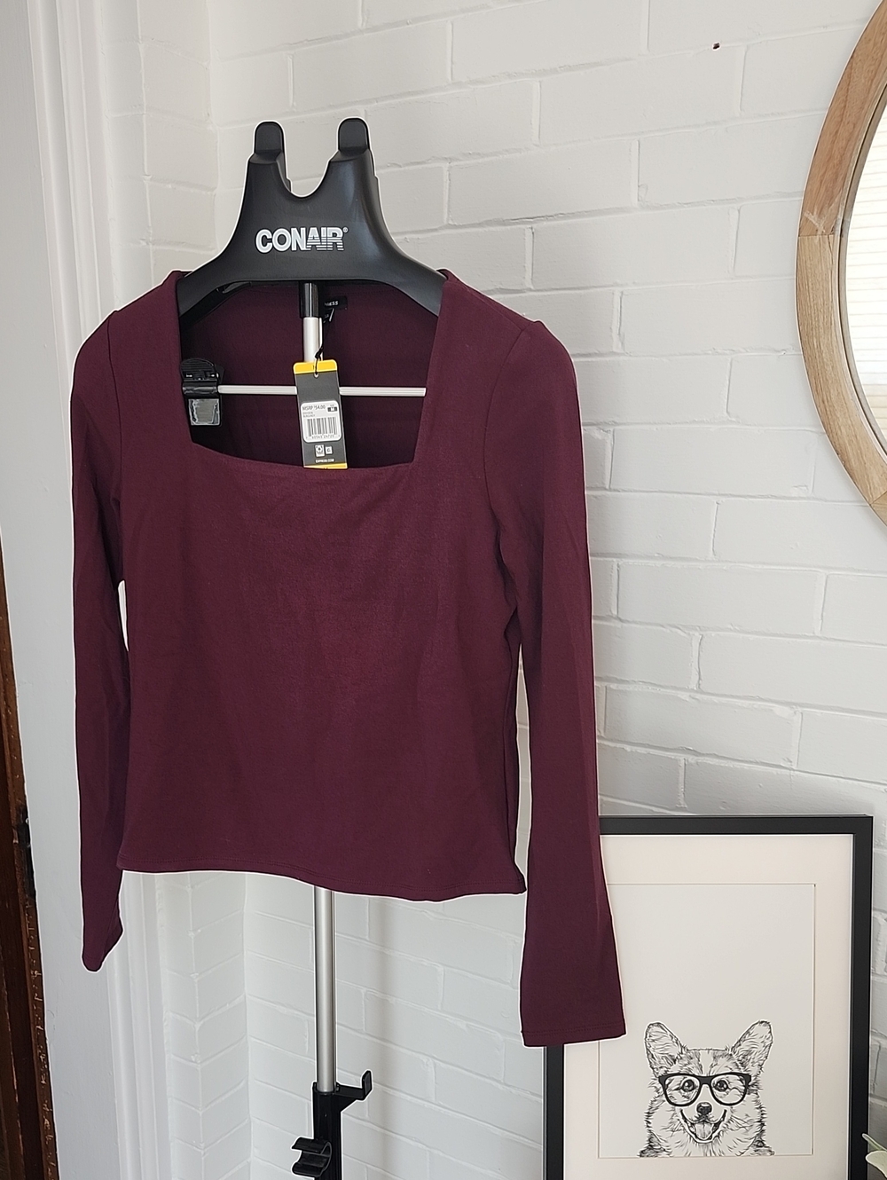 Express Square Neck Long Sleeve Top - Burgundy, Womens Medium